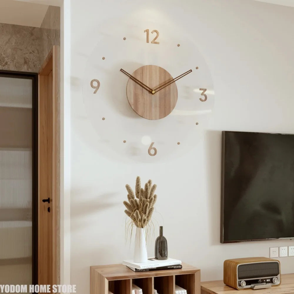horloge murale moderne bois grainé transparente beige clair minimaliste chiffres fleurs fruits