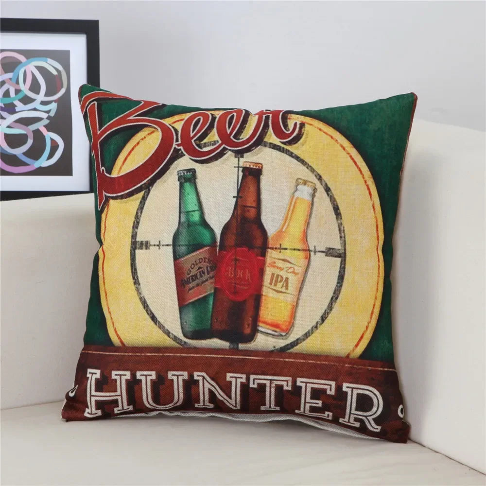 housse coussin vintage bière vin motifs rétro multicolores coton lin décoration canapé chaise 45x45cm