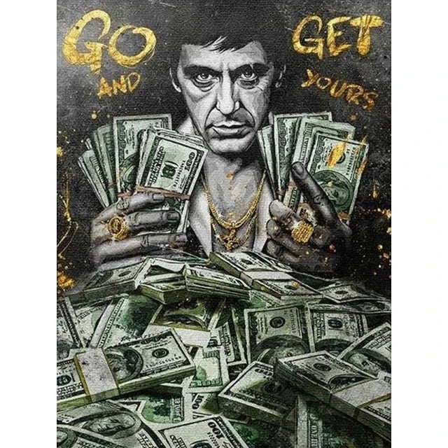 toile d'art portrait argent vert noir texte motivation contemporain réaliste billets banque