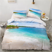 housse couette motif plage bleu blanc sable vagues palmiers horizon polyester tropical deco chambre