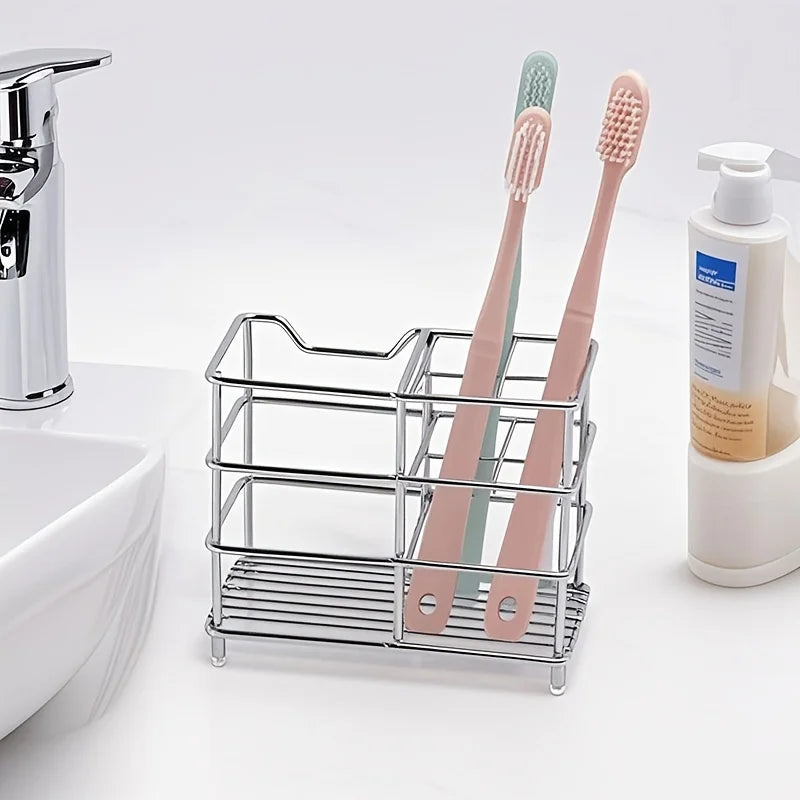 rangement moderne porte brosses dents tubes dentifrice acier inoxydable argenté pieds salle bain minimaliste