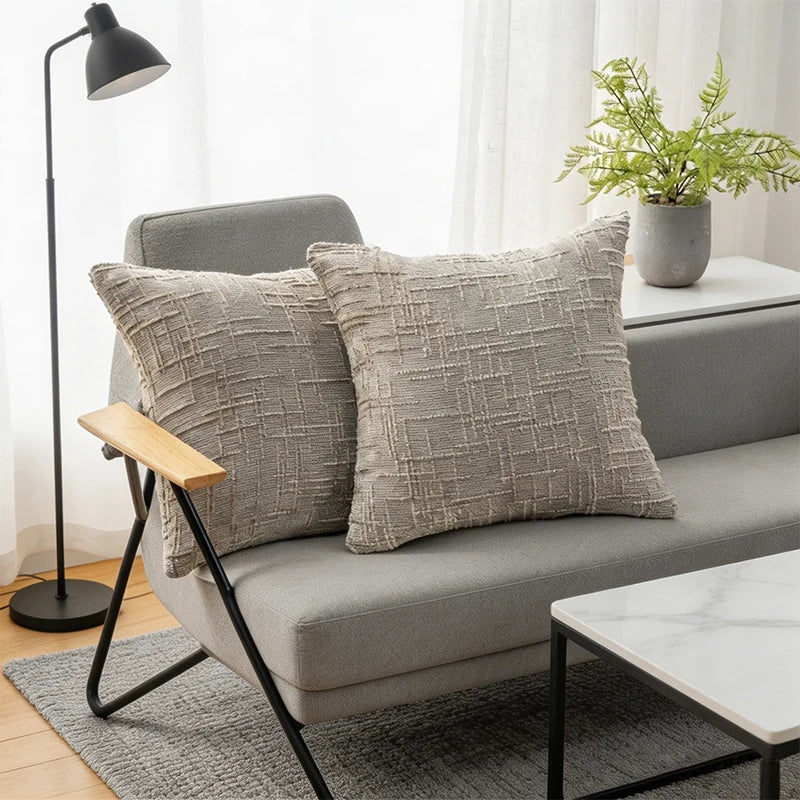 housses coussin texturées polyester géométrique moderne bohème gris beige respectueux environnement opaques