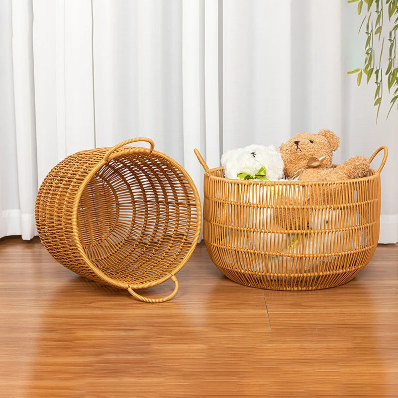 panier rond tressé marron clair bohème rangement chambre salon articles divers respectueux environnement