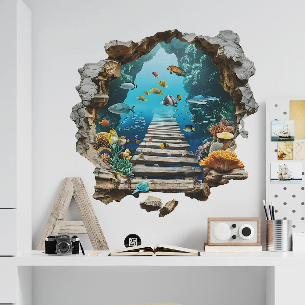 sticker mural 3d sous marin pont poissons coraux décoration mur opaque réaliste adhésif chambre