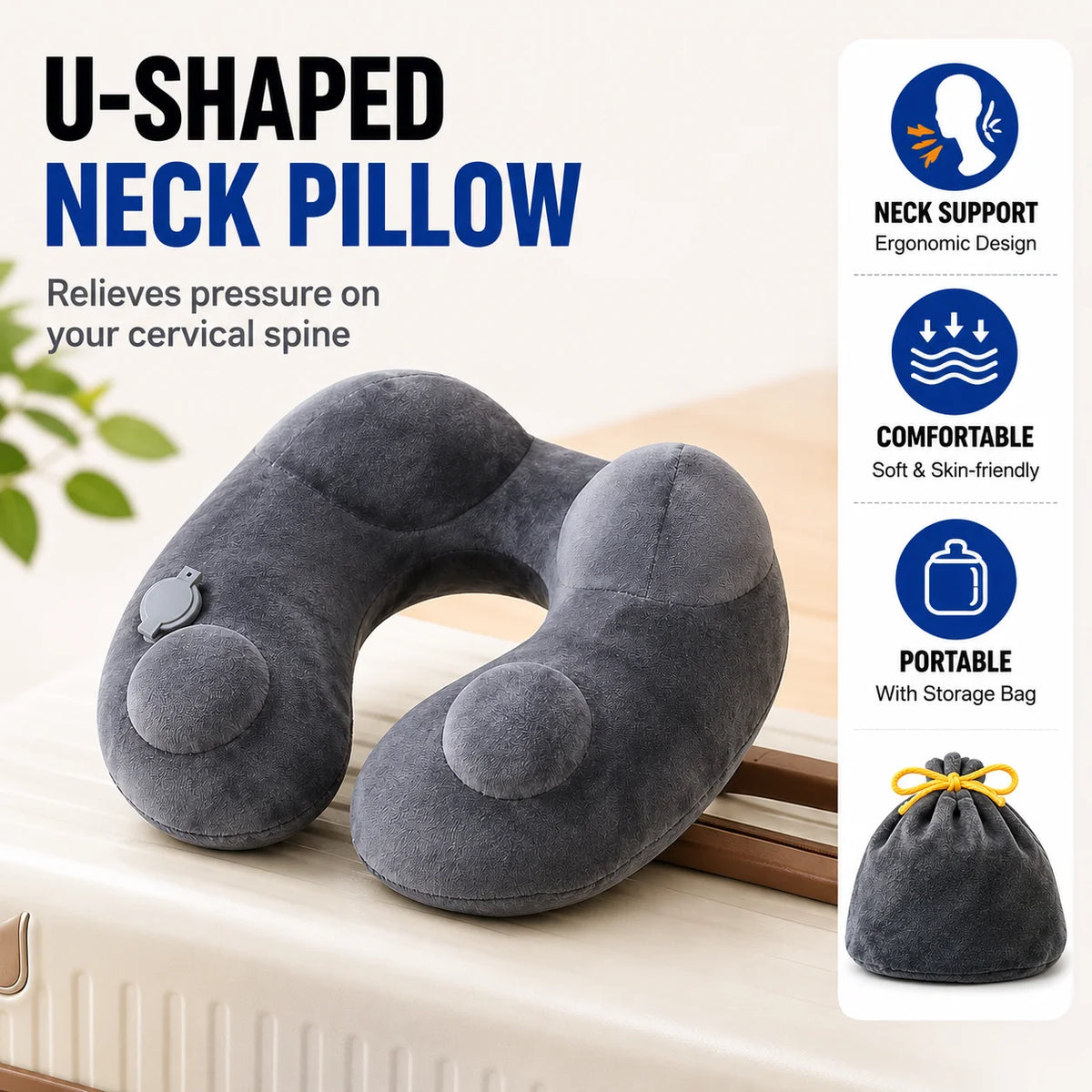 coussin voyage gris velours confortable portable boutons sac rangement shaped