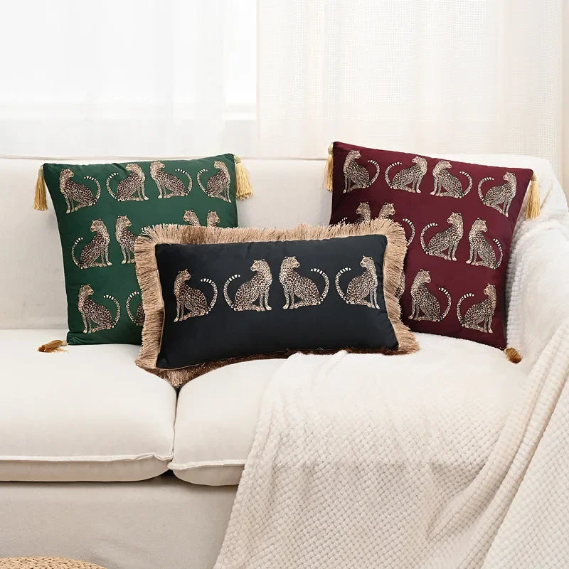 taie d'oreiller carrée léopard doré vintage tassel adhésif décorative verte noire polyester coton 45x45cm