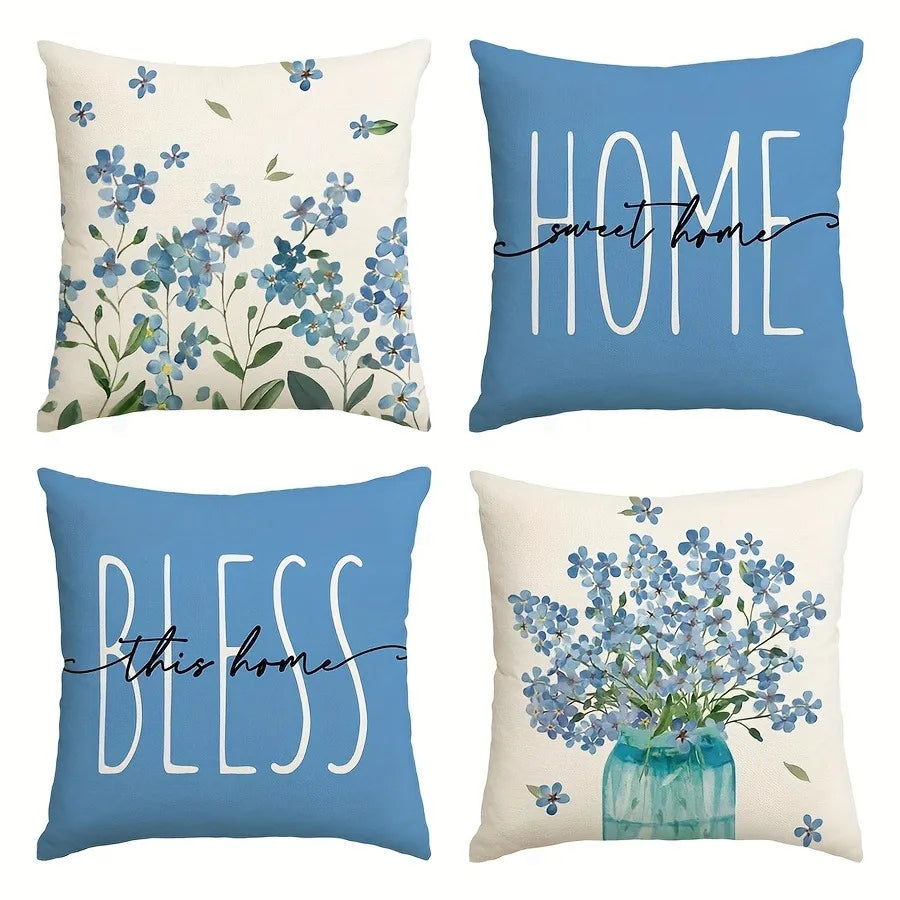 housse coussin polyester motif fleurs bleues texte chambre salon décoration moderne bleu blanc