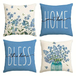 housse coussin polyester motif fleurs bleues texte chambre salon décoration moderne bleu blanc