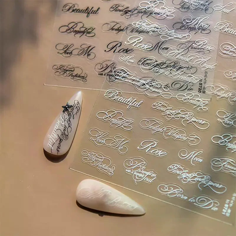 autocollants ongles lettres calligraphiques transparents adhésifs classiques élégants noir pinceau inclusion kit manucure française
