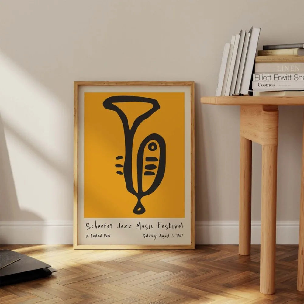 affiche abstraite jazz festival moderne minimaliste jaune noir encre imperméable toile rectangle vertical