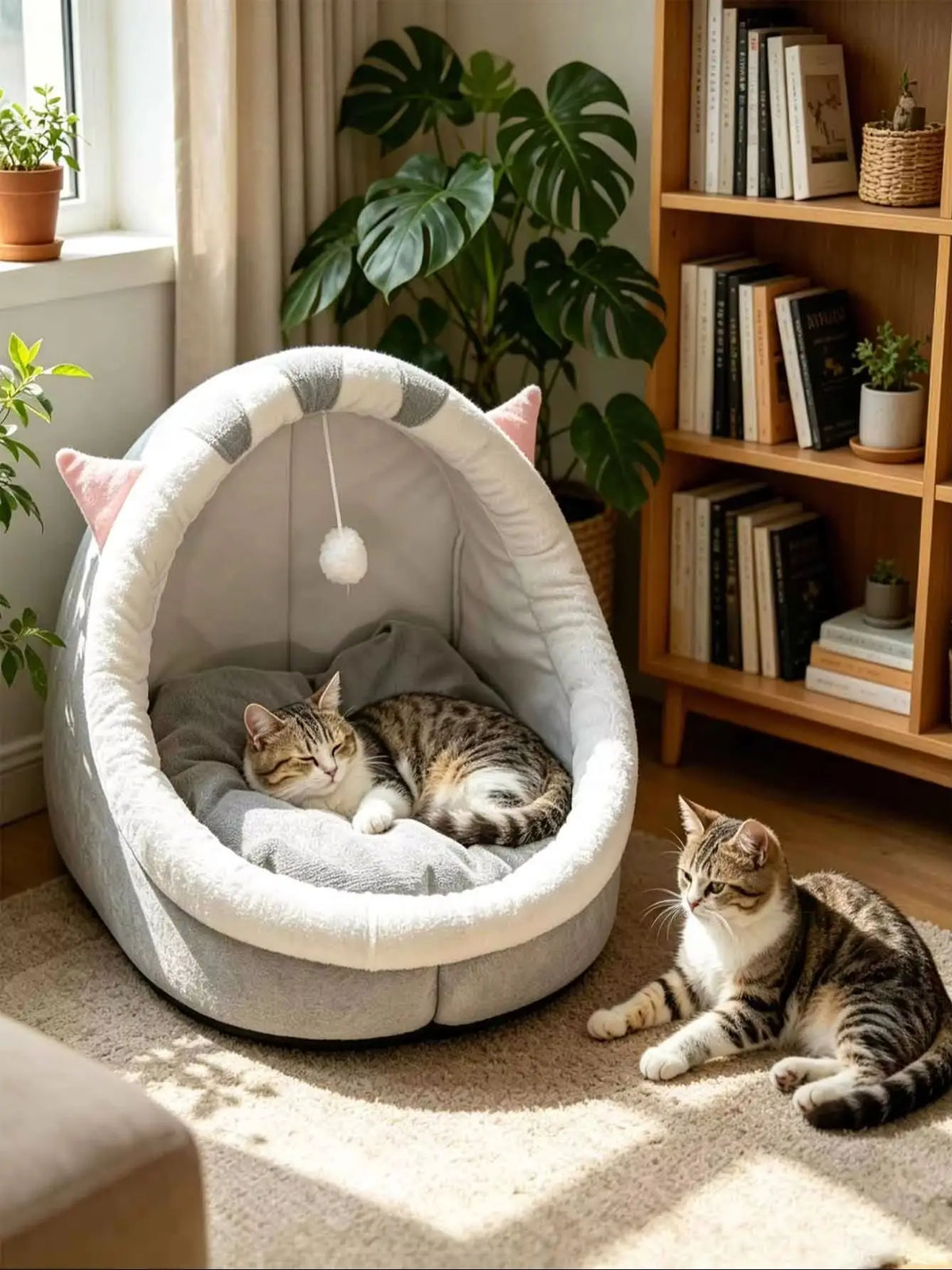 lit chat doux gris beige rose peluche balle jouet base antiderapante confortable sécuritaire