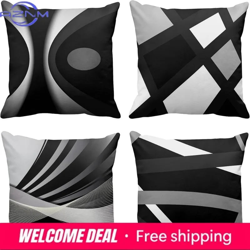 housses coussin motif géométrique noir blanc polyester respectueuses environnement 45x45cm moderne zippées chambre decoration