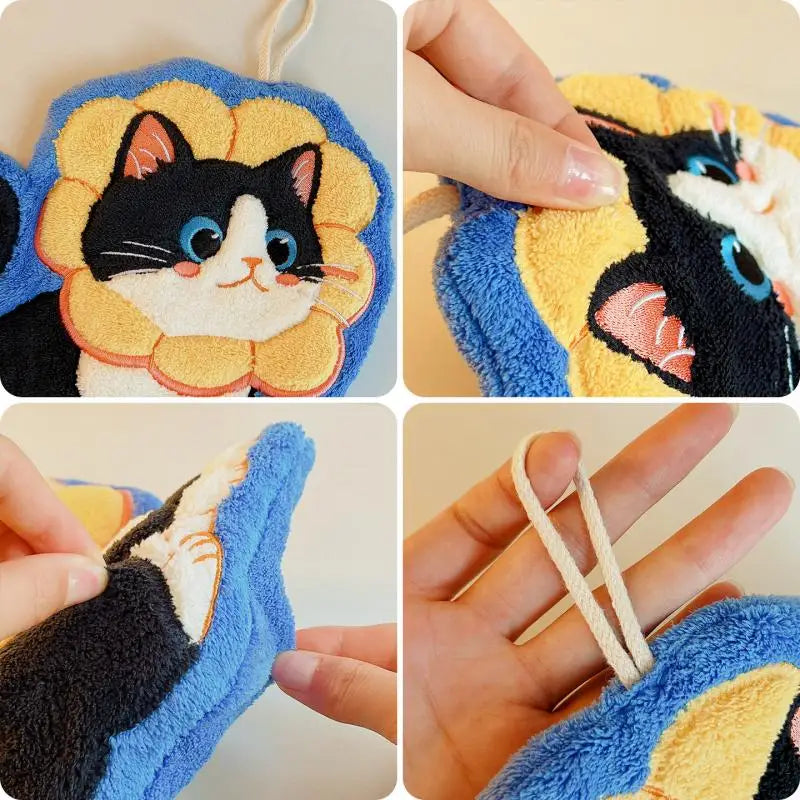 serviette toilette noire blanche bleue chat mignon coiffures différentes anneaux métal absorbante salle bain
