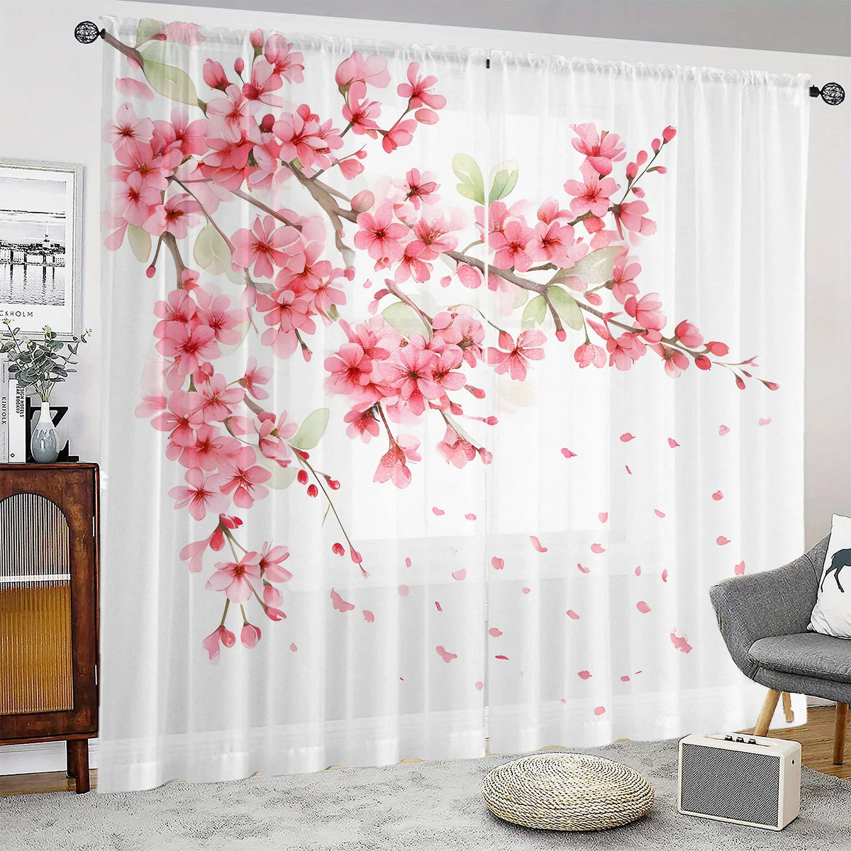 rideau moderne fleurs cerisier transparent blanc rose vert polyester chambre salon
