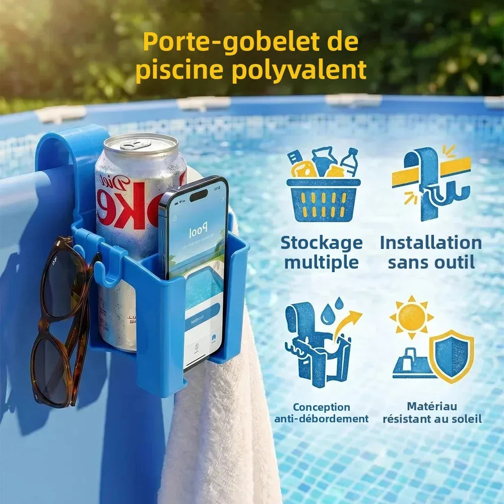 rangement suspendu piscine bleu porte gobelets clips téléphone canette serviette utilitaire multifonctionnel