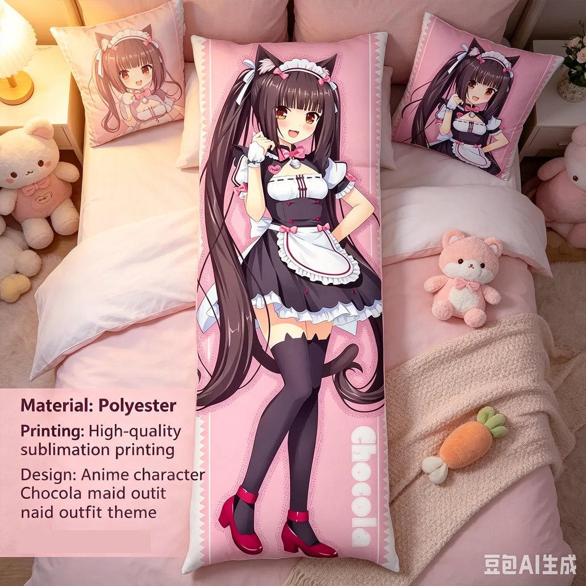 housse coussin corps dessin animé maid rose noir blanc anime opaquement tissu polyester