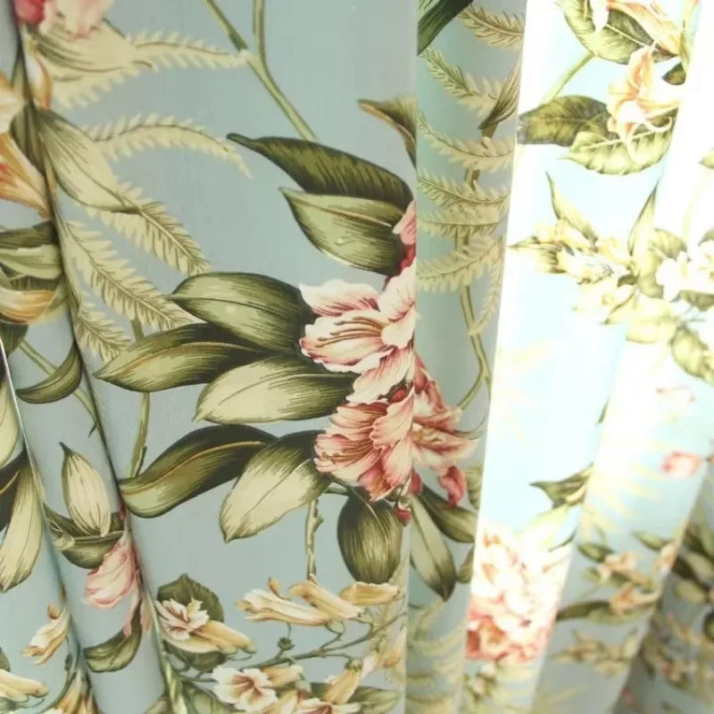 rideau opaque motif floral fleurs feuilles classique salon chambre maison polyester vert bleu