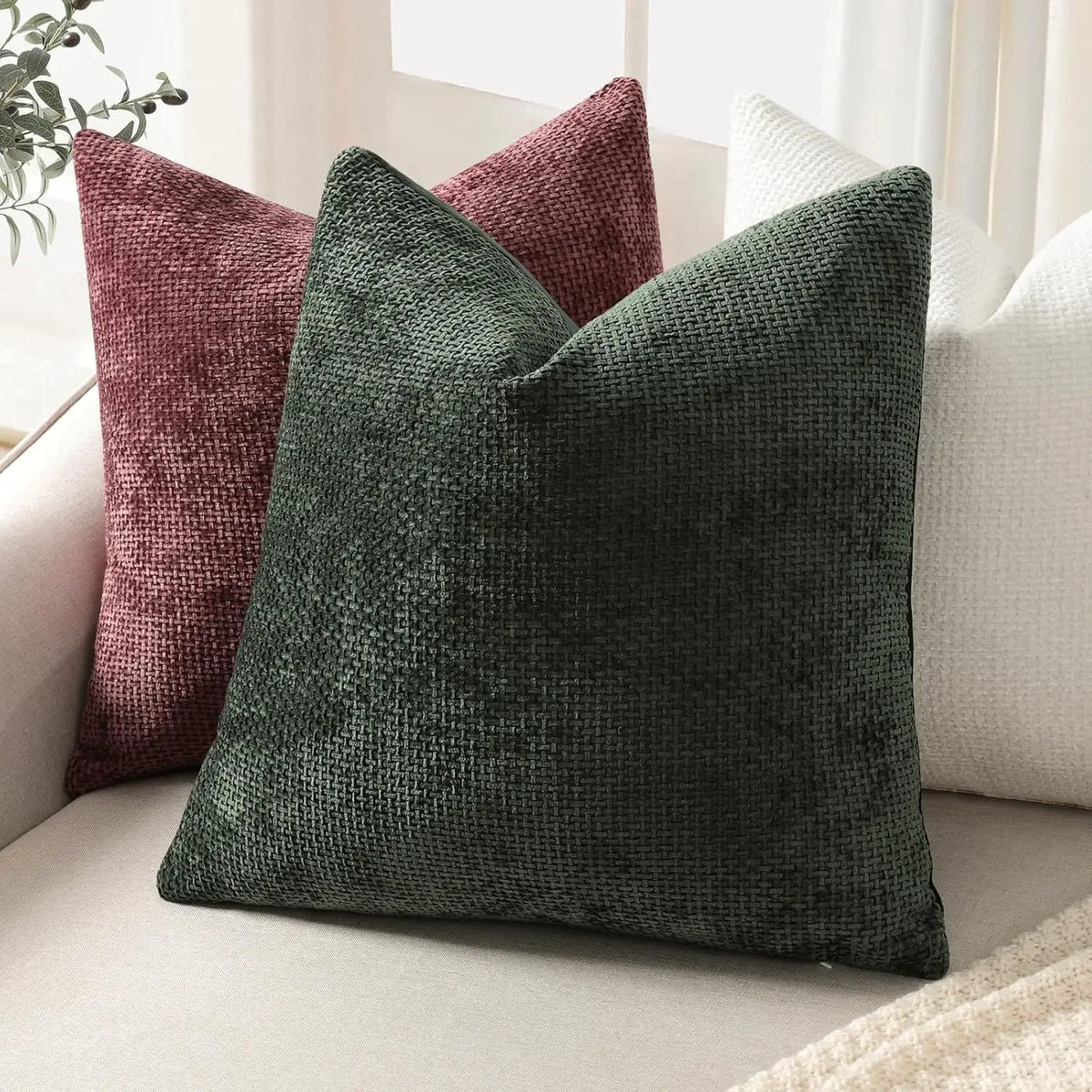 housse coussin chenille vert foncé moderne carré décoratif lit sofa tissage polyester artisanal haute