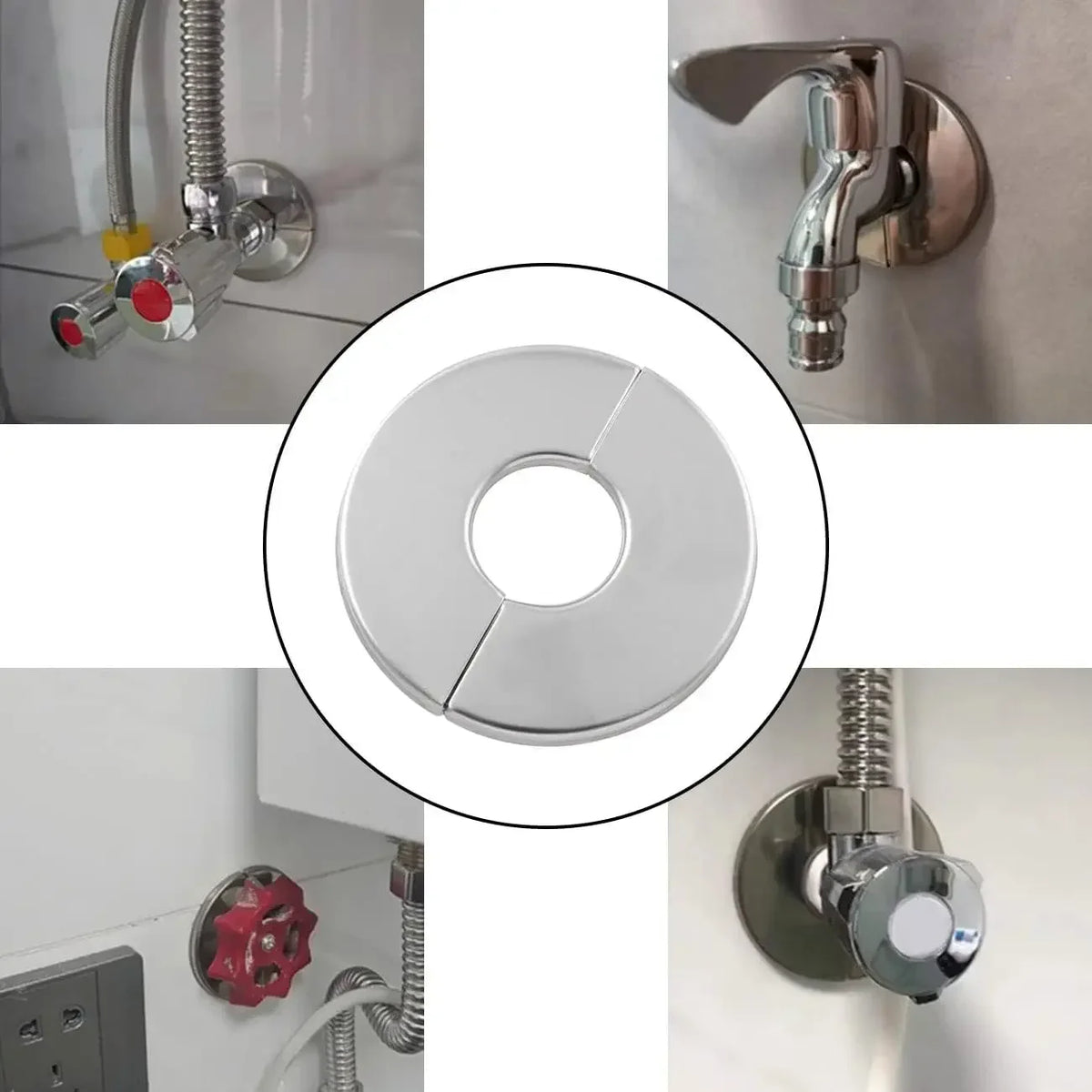 Cache tap acier inoxydable argenté adhésif moderne robinetterie conduites douche 66mm 99mm 140mm