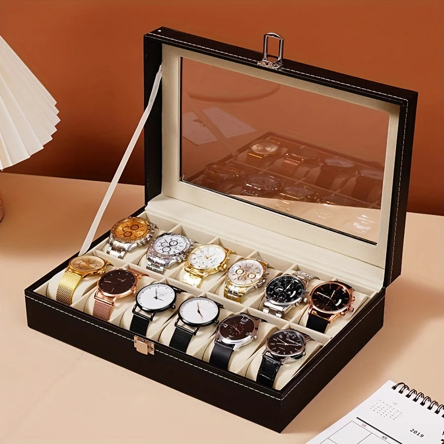 boîte montres 12 compartiments cuir simili noir tissu beige verre transparent classique cordon serrure