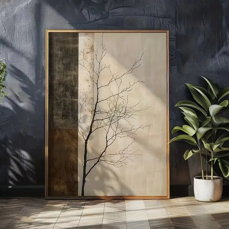 tableau abstrait moderne toile beige arbre nu fond simple sans cadre minimaliste chambre salon
