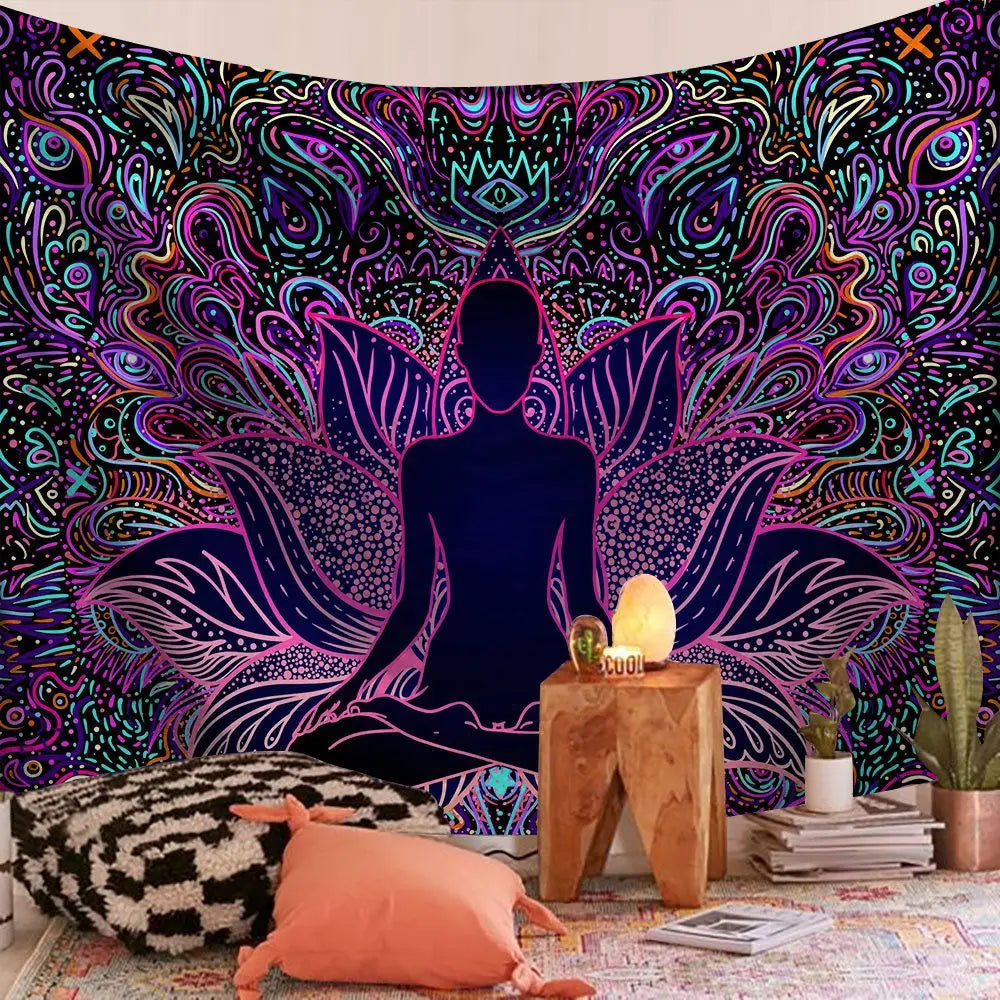 tapisserie murale mandala bohème bleu orange noir éléphant géométrique polyester rectangle