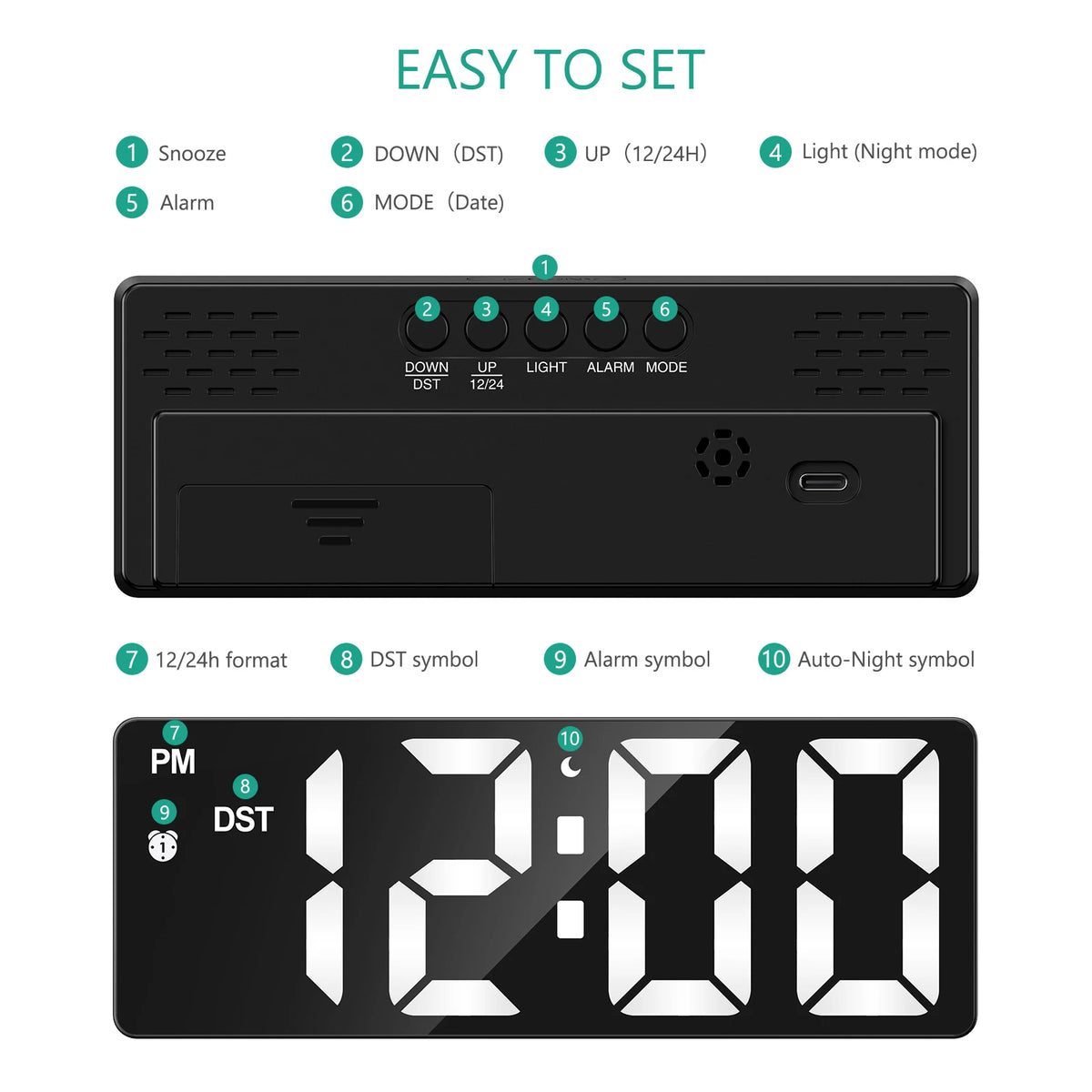 réveil numérique led moderne double alimentation alarme snooze réglage luminosité 12 24h dst mode
