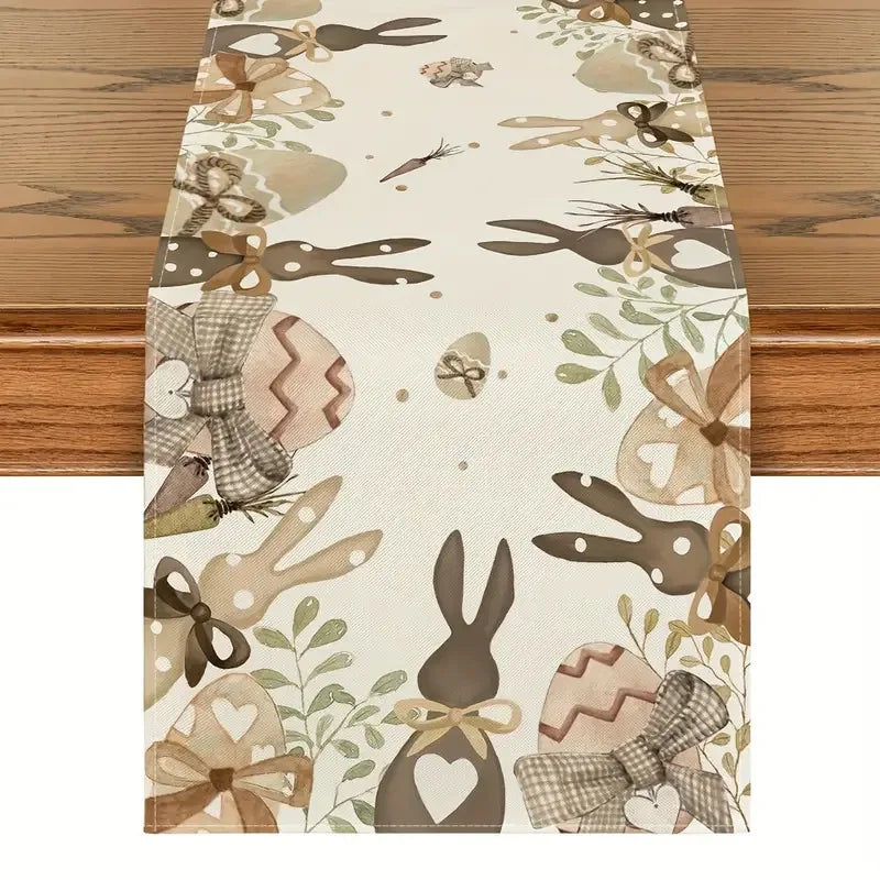 table pâques rectangle polyester fleurs lapins œufs happy easter beige blanc festive pastorale