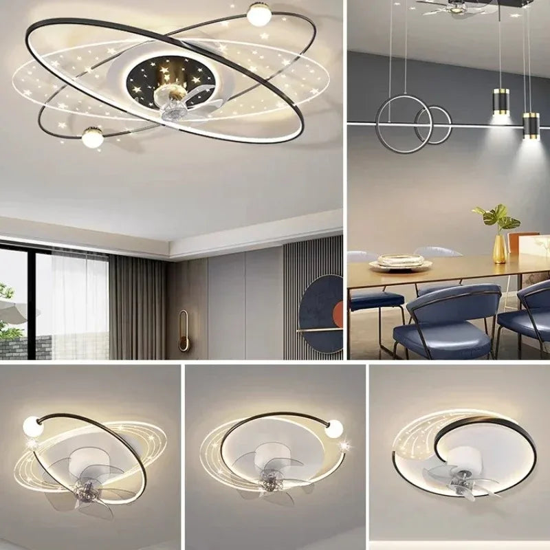 ventilateur moderne sphères blanches anneaux dorés télécommande lumière led salon luxe