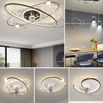 ventilateur moderne sphères blanches anneaux dorés télécommande lumière led salon luxe