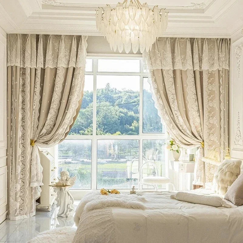 rideau occultant beige broderie florale dentelle élégant classique salon chambre
