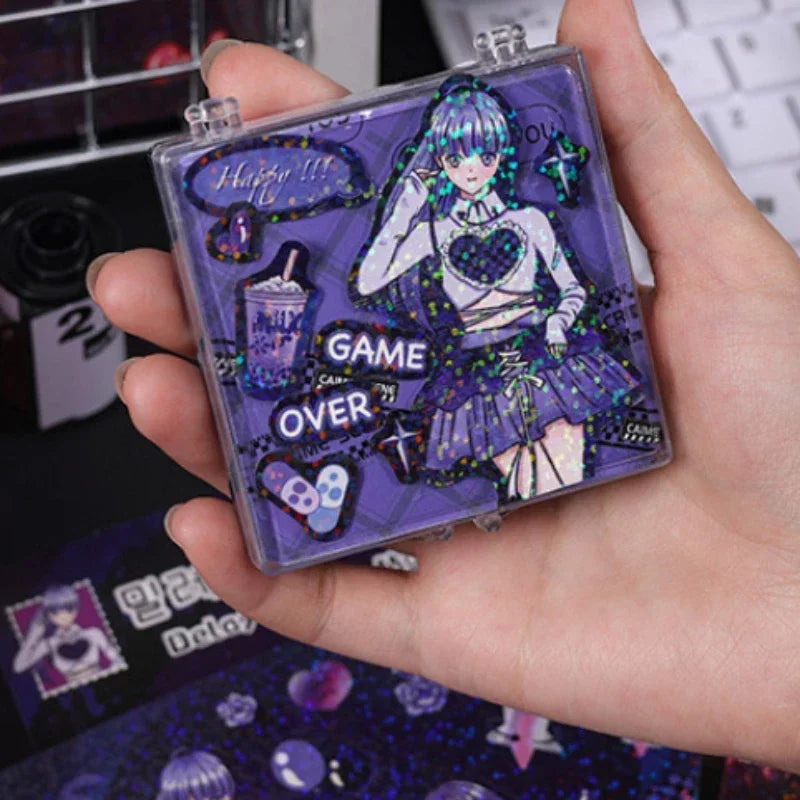 autocollants manga personnages textes confettis bleu violet noir blanc opaques scrapbooking álbum journal intime