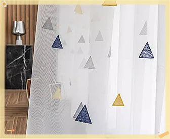 rideau blanc transparent triangles géométriques moderne tulle polyester inclusion clips rubans suspension chambre salonhôtel