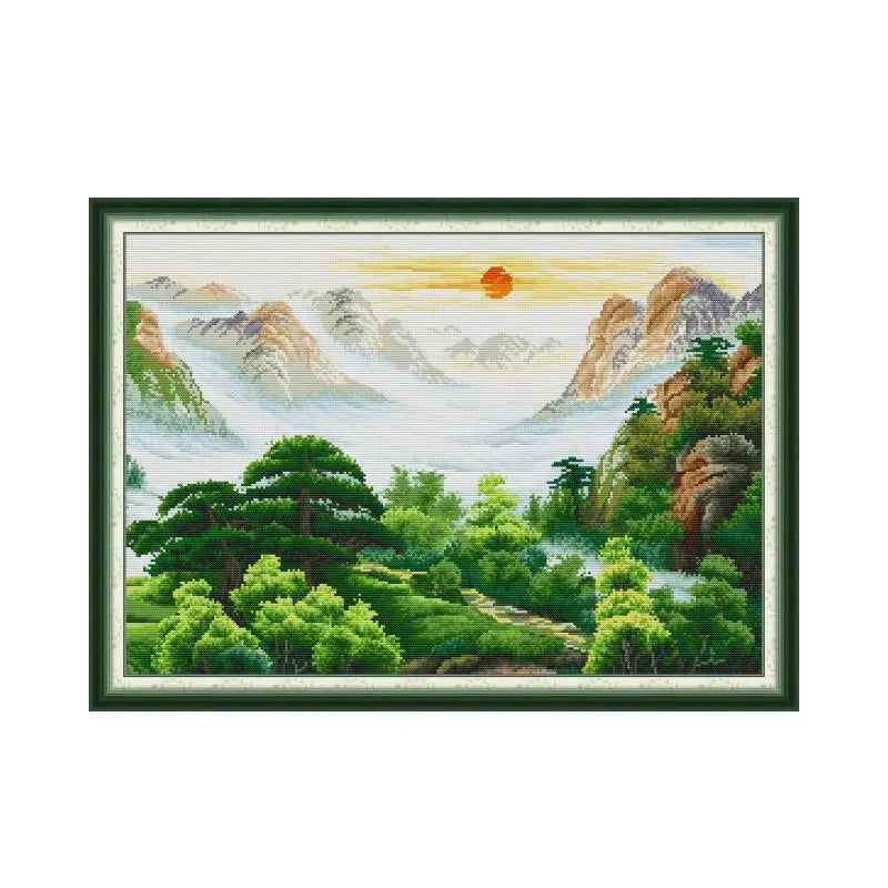 tissu brodé paysage montagneux soleil levant aiguille fil coloré instructions modernes enfants decoration