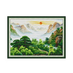 tissu brodé paysage montagneux soleil levant aiguille fil coloré instructions modernes enfants decoration