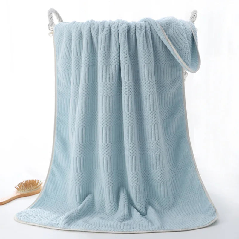serviette bain rapide absorbante rose bleu rayée lavable tricotée anneléescrição