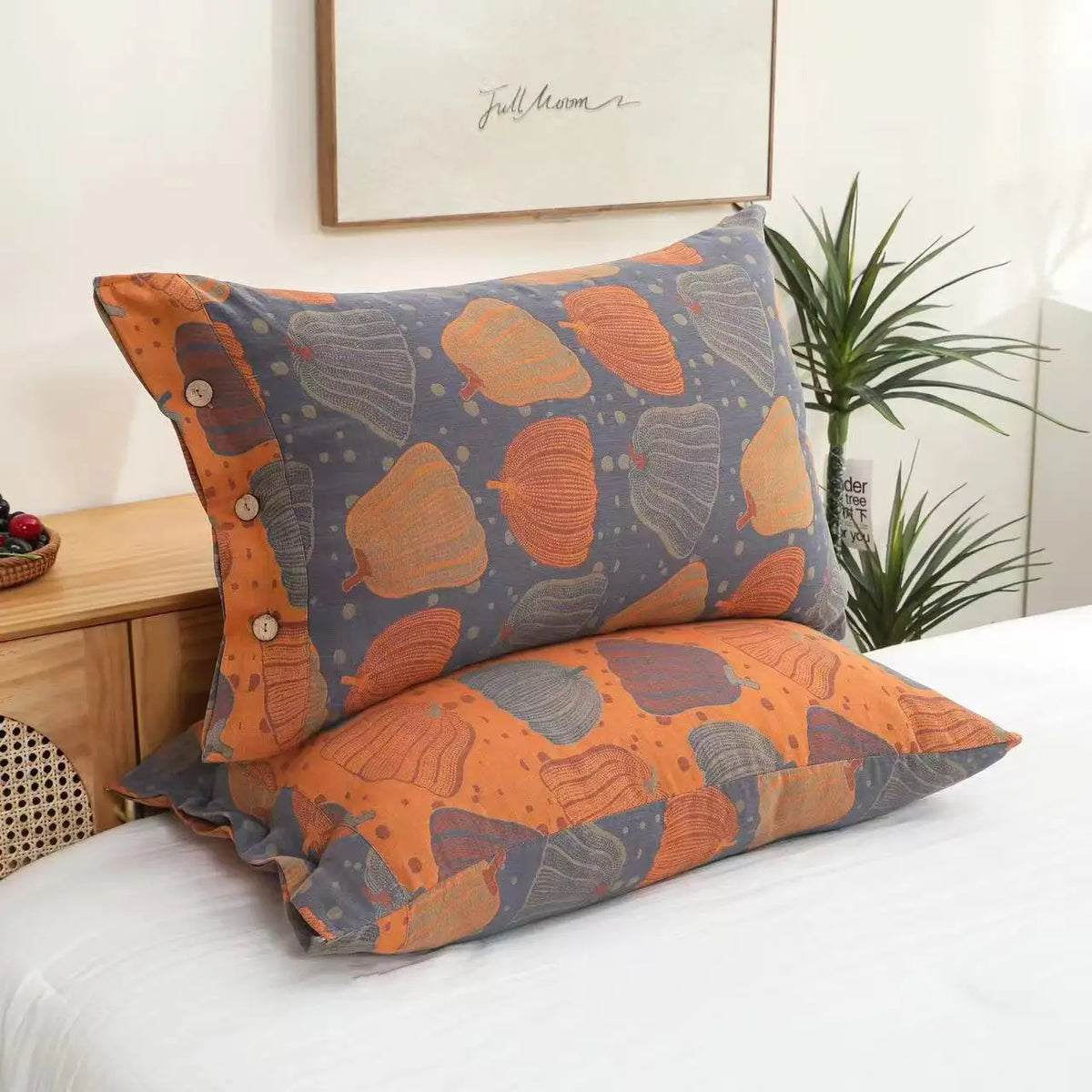 taies d'oreiller coton fleur vintage bleu orange gris décoration lit non toxique écologique