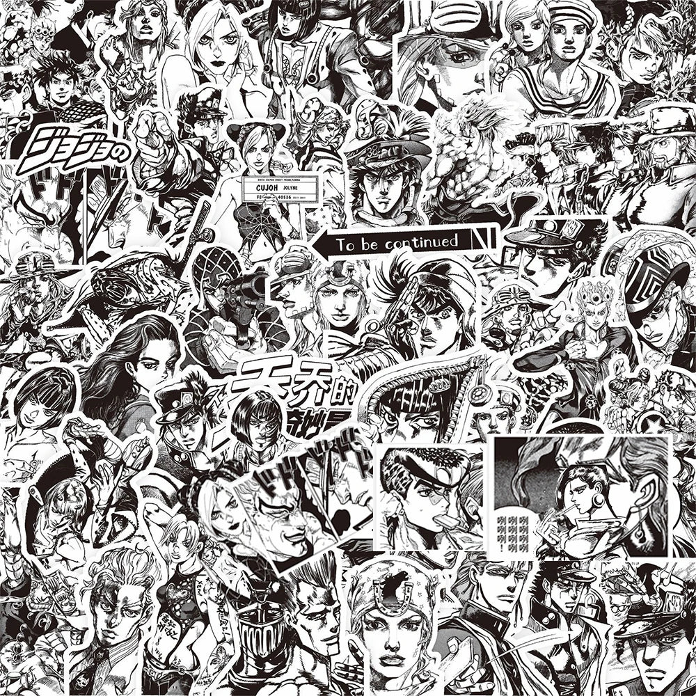 sticker manga personnages noir blanc jojo bizarre adventure josuke kujo jotaro continue logo