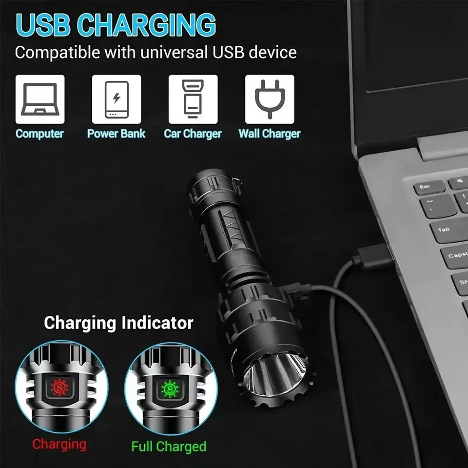 torche rechargeable led intense résistante choc auto défense camping chasse lumière noire moderne