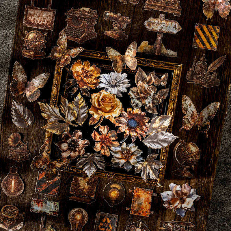 autocollants decoratifs steampunk metalliques dorés argentés vintage scrapbooking bricolage artistique fleurs papillons globe avion