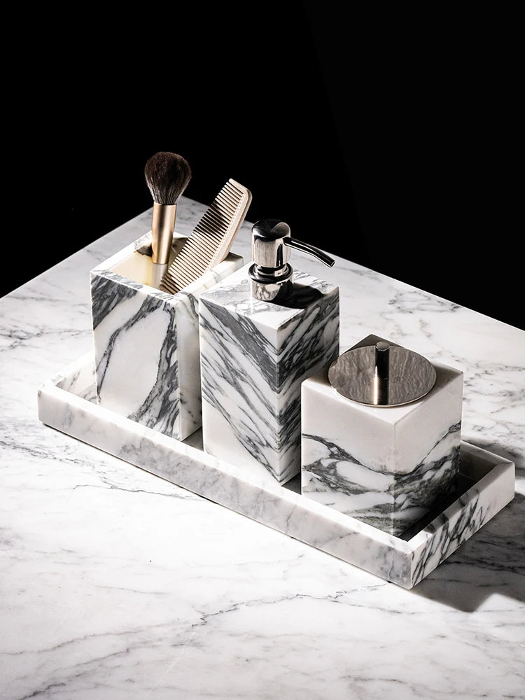 ensemble accessoires salle bain marbre blanc gris distributeur savon porte brosse dents plateau