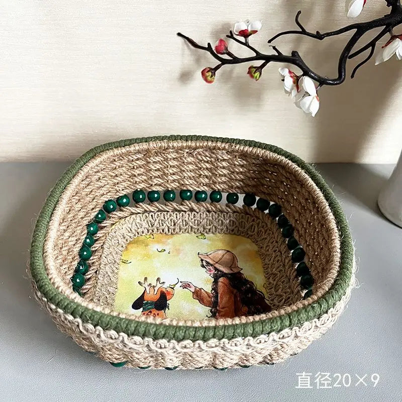 panier rangement boho marron beige vert motifs floraux rustique
