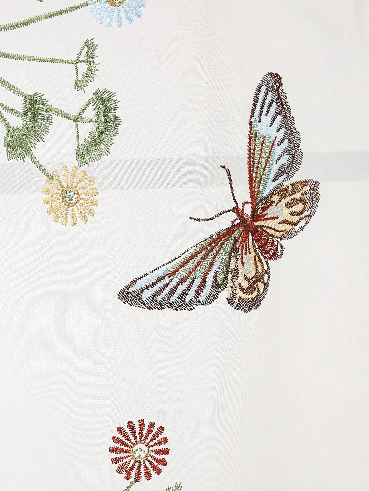 rideau transparent papillons fleurs brodé polyester blanc vert rouge bleu marron 80x130cm 80x160cm