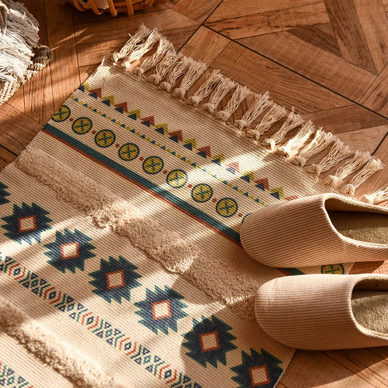tapis boho chic géométrique coton pompons antidérapant intérieur étoiles cercles triangles