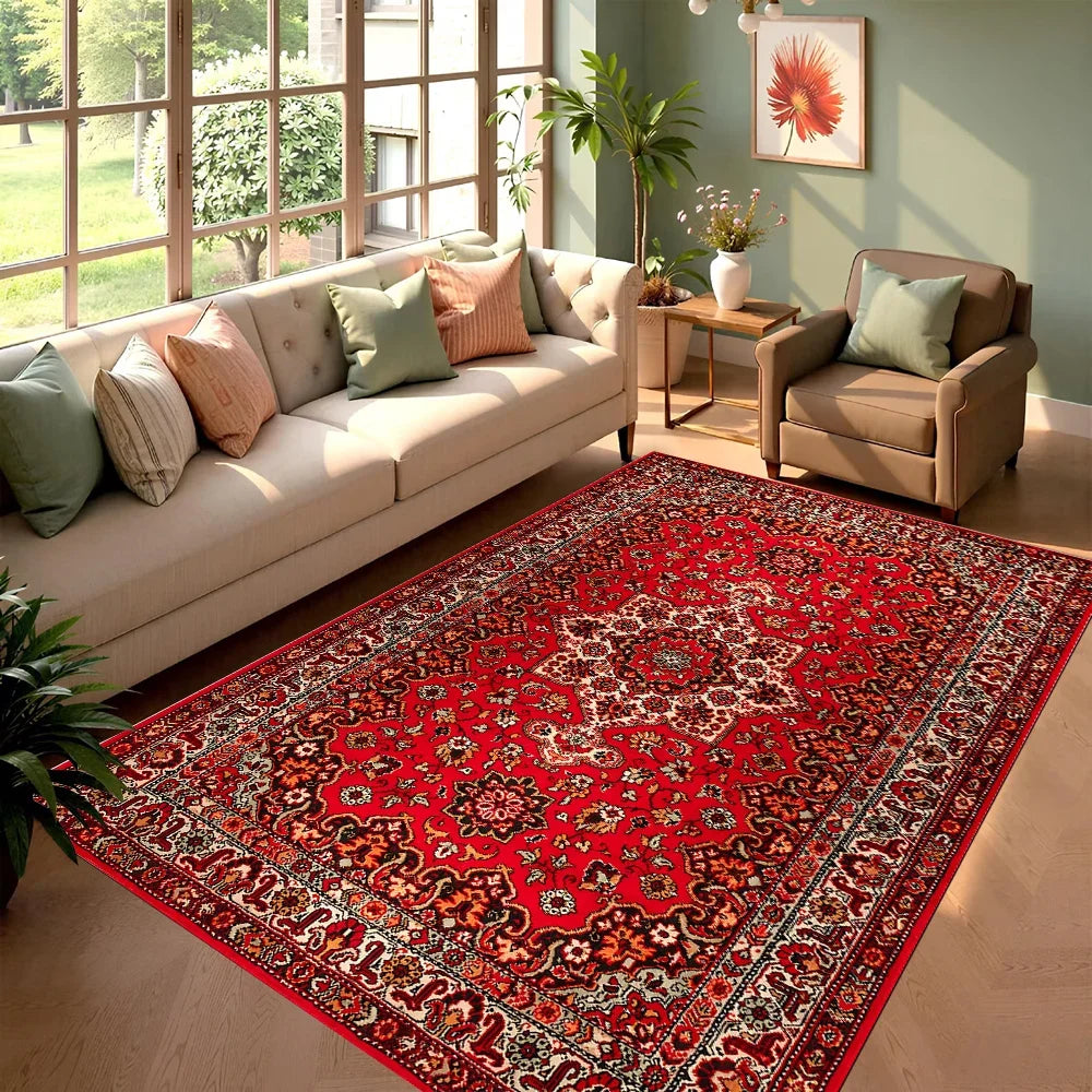 tapis rouge ornements floraux velours épais antidérapant chambre salon traditionnel