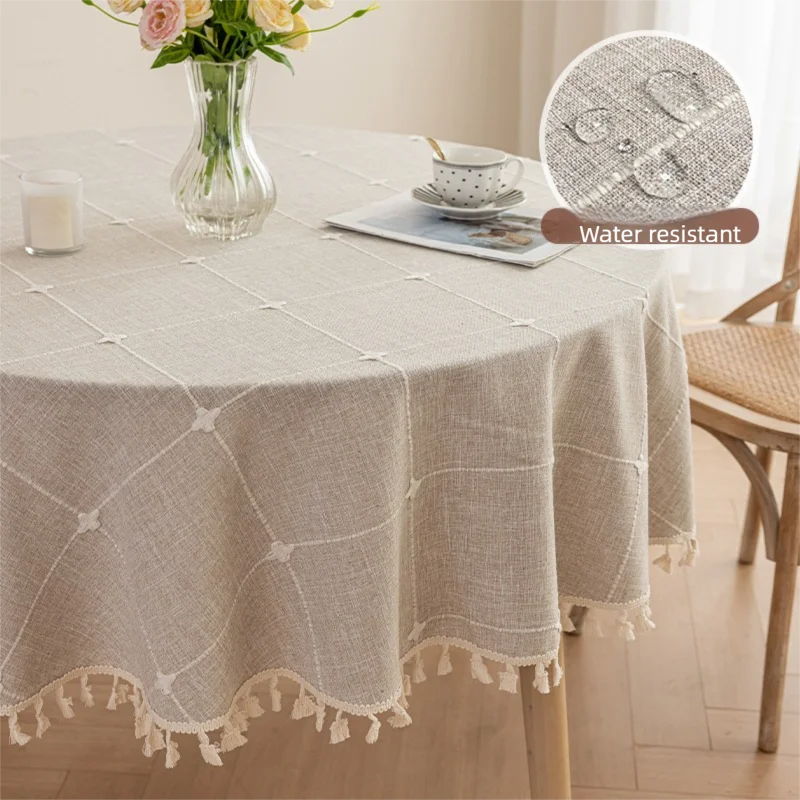 nappe table beige clair tissu lin motif géométrique pompons bordure rustique décoration halloween noël