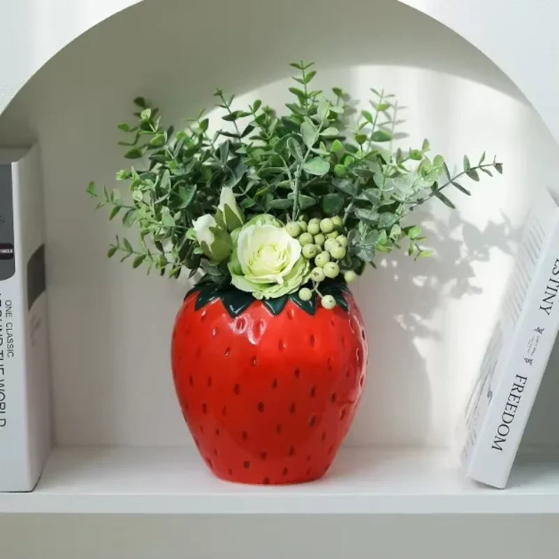 vase céramique rouge vert fraises traditionnel moderne intérieur décoration fleurs poteríaOpaque
