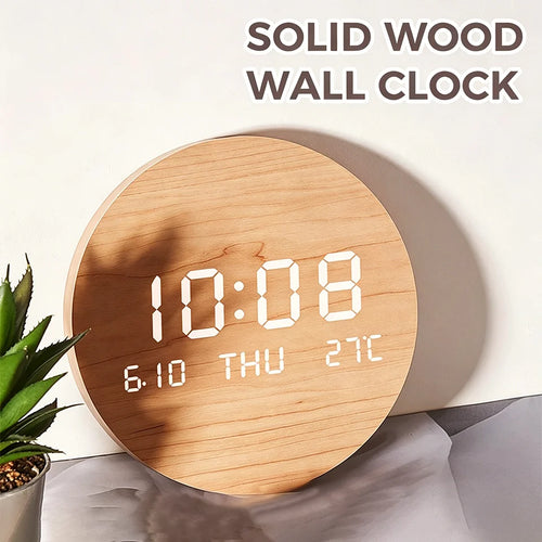 horloge murale digitale bois clair affichage heure date température moderne minimaliste