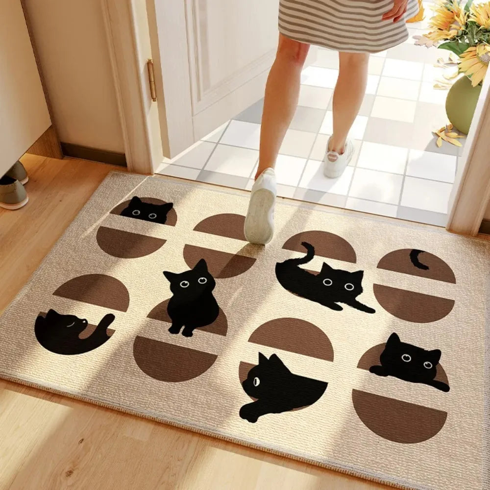 tapis moderne anti dérapant chats noirs fond beige extérieur résistant rides polyester