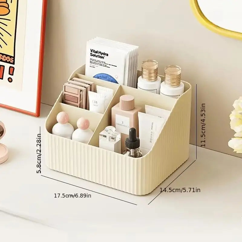boîte rangement cosmétique beige rayures modernes poignées maquillage soins peau crèmes lotions emballages